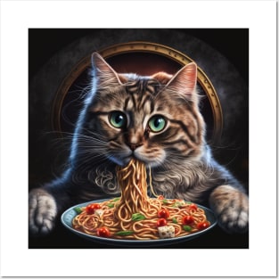Funny Cat Eating Spaghetti Posters and Art